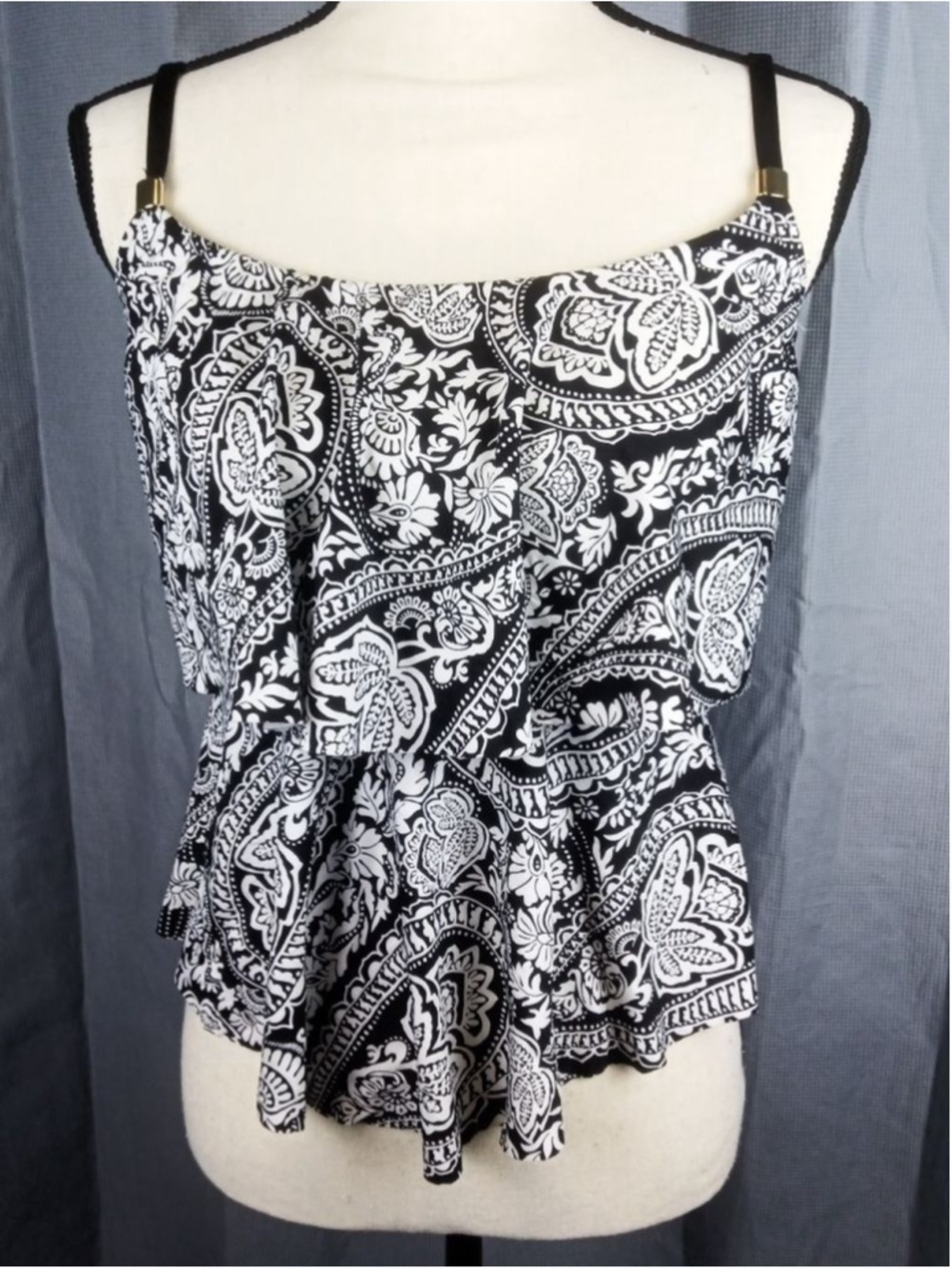 24th & Ocean Black White Paisley Tankini Top Size Small